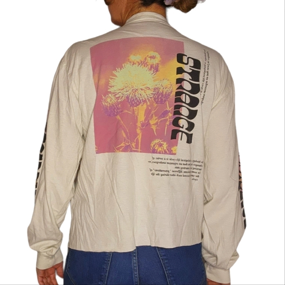 PacSun Long Sleeve Cotton Shirt Large Of White STRANGE Printed Sleeves and Back - Picture 2 of 4